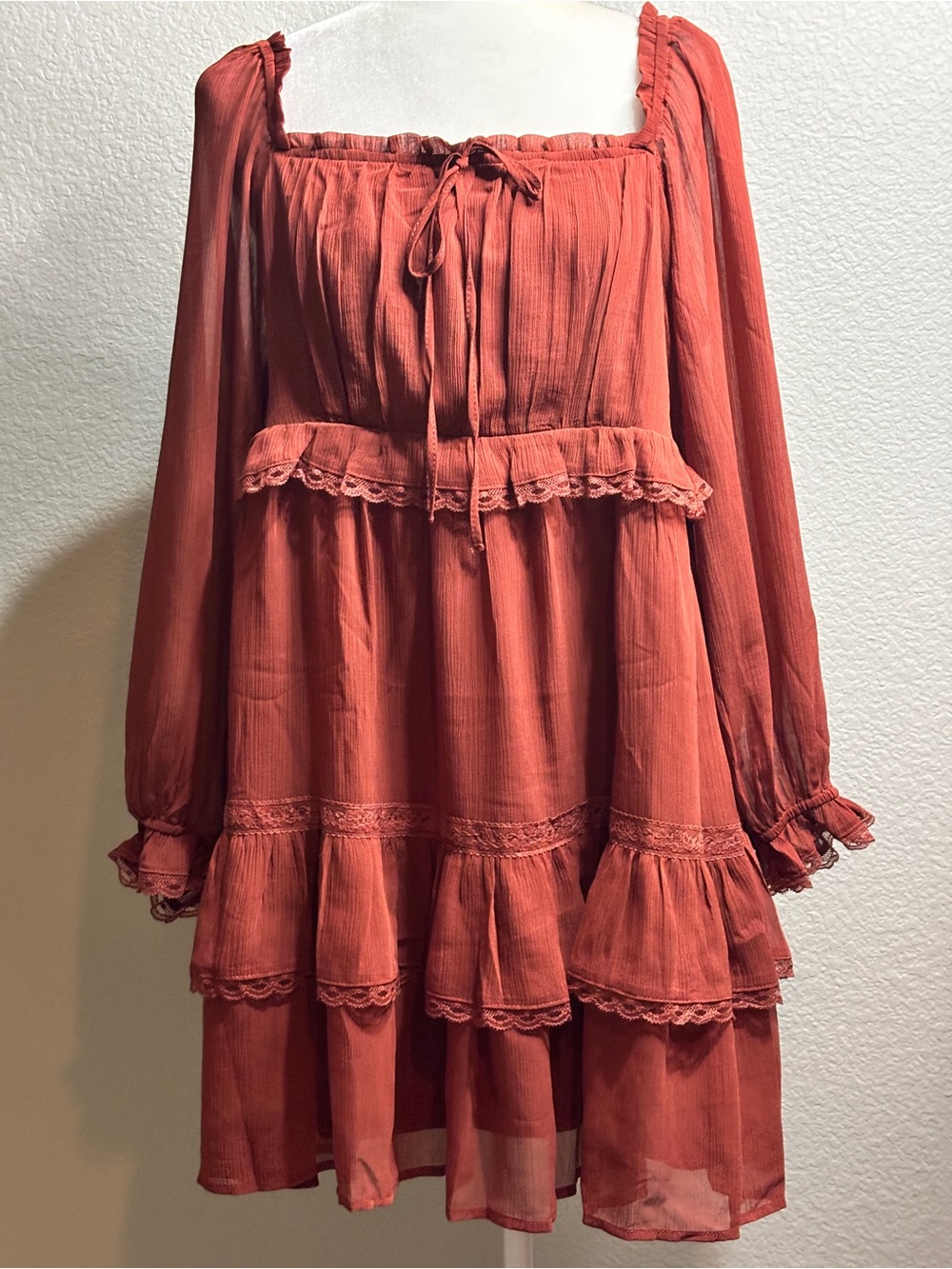 Off-Shoulder Ruffled Mini Dress in Rust - Picture 3 of 7